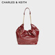 CHARLES&KEITH26春季新品帶包掛油蠟皮大容量托特包生日禮物CK2-40151610 Burgundy葡萄酒紅色 L