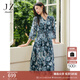 玖姿·安娜蔻【草目系列】雪紡V領(lǐng)七分袖印花連衣裙女2024春款 花丈青 3XL