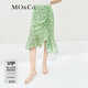 MO&Co.半身裙春夏法式碎花茶歇裙含桑蠶絲高腰抽褶摩安珂 白底綠印花 S 160