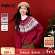 尚都比拉新年紅費爾島提花開(kāi)衫毛衣女秋季復古文藝風(fēng)圓領(lǐng)寬松針織衫上衣