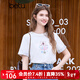 百圖betu女裝2025春夏新款T恤圓領(lǐng)卡通印花袖口拼接國風(fēng)短袖女2502T30 白色 L