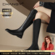 Ehangy高端v口低跟長(cháng)筒靴女秋冬新款真皮顯瘦高筒騎士靴不過(guò)膝平底長(cháng)靴 黑色 絨里 【真皮】 39 【標準尺碼】