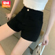 賞峰歐貨夏季翻邊百搭休閑牛仔短褲女修身顯瘦A字闊腿褲熱褲 #黑色 3XL 建議140-160斤