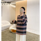 塔馳密司（touchmiss）品牌2026冬季新款韓系條紋孕婦上衣長(cháng)袖冬款孕婦裝針織打底衫 黑色底 L