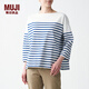 MUJI MUJI 女式 粗棉線(xiàn) 天竺編織 一字領(lǐng) 七分袖T恤 BBL05A1S 藍色條紋 XS-S