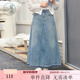 紫涵（ZIHAN）紫涵復古牛仔藍半身裙女夏季高腰顯瘦下擺毛邊A字中長(cháng)裙 牛仔藍 L
