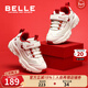 百麗（Belle）花影丨童鞋兒童老爹鞋刺繡女童運動(dòng)鞋新年紅色新款中大童跑步鞋子 米/紅色 34 適合腳長(cháng)約20.7-21.3cm
