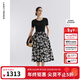 朗姿雙色針織拼接撞色印花連衣裙2025年夏季新款a字高腰碎花裙 夜幕黑色 XL