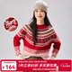 金菊圣誕費爾島提花100%綿羊毛厚款2026新款條紋復古保暖毛衣女羊毛衫 紅色 均碼 F(165/88A)