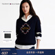 Tommy Hilfiger25春夏新款女裝純棉肌理感撞色V領(lǐng)條紋刺繡寬松針織衫毛衣 藏青色C1G XS