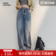 馬登淺藍色女士闊腿牛仔褲復古抽繩直筒褲遮肉顯瘦垂感休閑長(cháng)褲子春秋 淺藍色 【寬松/卡碼拍小】 L （120-130斤）