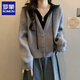 羅蒙（ROMON）針織衫女春秋新款女裝假兩件開(kāi)衫毛衣女紅色本命年洋氣上衣外套 灰色 M 適合（85斤—120斤）
