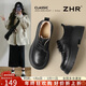 ZHR英倫單鞋女經(jīng)典復古配JK裙樂(lè )福鞋一腳蹬加絨厚底皮鞋AY273B黑色37