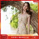 三彩2025夏季新款荷葉邊連衣裙法式收腰A字裙魚(yú)尾長(cháng)裙浪漫M 卡其色花卉 S 155/80A