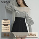 SNIDEL秋冬甜美淑女圓領(lǐng)微透荷葉邊拼接針織衫SWNT244182 條紋 均碼 （F）