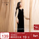 三彩2025冬季新款假兩件絲絨連衣裙開(kāi)叉長(cháng)裙復古直筒裙優(yōu)雅S