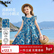 ASK JUNIOR童裝兒童裙子女童夏裝純棉透氣連衣裙青少年碎花裙公主裙 藍色