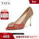 他她（TATA）女鞋2026春季新款伴娘淺口單鞋細跟婚鞋高跟鞋7RYE2AQ6 紅色 34