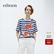 editionT恤女金鱗新春系列錦鯉印花清爽藍白條紋短袖純棉上衣 藍白條色 S