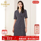 喬萬(wàn)尼v領(lǐng)修身收腰印花碎花連衣裙夏季新款中長(cháng)裙子女裝新款 藍色 XL