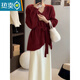 夏典素訂女王（SE.PSTP）韓版氣質(zhì)慵懶不規則系帶v領(lǐng)腰帶毛衣針織衫秋冬上衣顯瘦穿搭打底 酒紅色 3XL 建議140-150斤