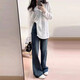 衣然呈品美式高街復古牛仔褲女春秋新款胖mm洋氣高級感氣質(zhì)辣妹微喇褲子女 藍灰色 M 【建議105-120斤】