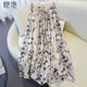她池印花飄逸半身裙女2026春裝新款復古碎花松緊腰中長(cháng)裙