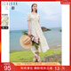 三彩三彩2024夏季新款小清新碎花裙印花連衣裙方領(lǐng)高腰長(cháng)裙度假