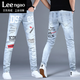 LEENGAO輕奢品牌男士高端牛仔褲新款彈力印花修身小腳長(cháng)褲潮牌破洞男褲子 DQ-S1116 31 國際奢侈品牌