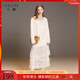 三彩2025冬季新款V領(lǐng)針織連衣裙長(cháng)袖寬松假兩件蕾絲裙M 米白色 M 160/84A