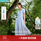 茵曼法式方領(lǐng)純棉連衣裙2025夏季女裝新品壓褶收腰顯瘦氣質(zhì)長(cháng)裙 粉藍色 M