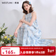 西遇【海鹽度假風(fēng)】重工流蘇暈染掛脖連衣裙女2025春夏寬松長(cháng)裙 藍色 M (160)