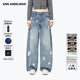 ANN ANDELMAN【張含韻同款】闊腿牛仔褲女秋冬繡花蝴蝶水洗休閑彎刀褲 藍色 24