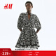 H&M女裝花卉連衣裙2025夏季新款潮流氣質(zhì)休閑系帶連身裙1293979 黑色/花卉 L 170/104