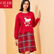 仕樂(lè )純棉家居裙春秋卡通格子長(cháng)袖中裙舒適柔軟寬松可外穿全棉睡衣裙女 紅格 L
