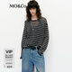 MO&Co.針織衫春含綿羊毛寬松落肩條紋航海系MBE1SWT004 白黑條色 M 165