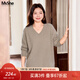 MsShe【100%美利奴羊毛衫】大碼女裝秋冬裝胖mm寬松上衣V領(lǐng)毛衣 燕麥色現貨 3XL