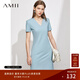 AMII女裝2025氣質(zhì)墊肩V領(lǐng)連衣裙夏季新款溫柔風(fēng)小黑裙修身 灰藍 S 155/80A