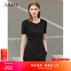 AMII女裝2025夏季新款短袖T恤女正肩設計感不規則褶皺開(kāi)叉莫 黑色 L