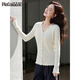 品彩針織開(kāi)衫女純色v領(lǐng)木耳邊毛衣時(shí)尚寬松氣質(zhì)百搭上衣 P13KZ1360