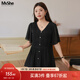 MsShe【高級感雪紡衫】大碼女裝2025夏裝胖mm法式小衫短袖V領(lǐng)上衣 黑色現貨 3XL
