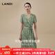 藍地（LANDI）[綠野仙蹤系列]元氣綠碎花V領(lǐng)短袖茶歇連衣裙女2025夏新品 淺綠色 L