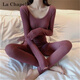 拉夏貝爾（La Chapelle）保暖內衣女士套裝秋衣秋褲彈力修身無(wú)縫美體打底豎條紋加絨加厚