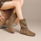 DAPHNE達芙妮短靴女加絨保暖冬季新款平底內增高百搭復古西部堆堆靴女靴 卡其 單層 跟高2.7cm 37 (235mm) 標準碼