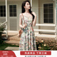 香影法式碎花吊帶連衣裙女2025夏季新款油畫(huà)印花v領(lǐng)雪紡沙灘裙子 果綠 M
