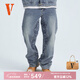 VLONE25新品哥特風(fēng)標語(yǔ)印花 立體剪裁雙扣寬松直筒牛仔褲 男女同款 VLDP25001藍藍 L