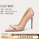 Lily Wei裸色珍珠高跟鞋百搭細跟單鞋氣質(zhì)名媛訂婚鞋大碼女純欲不累腳 裸粉色皮面【跟高10cm】 40