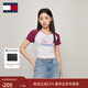 TOMMY JEANS春夏女裝美式潮流復古撞色小V領(lǐng)辣妹短款修身顯瘦短袖T恤 紫紅白拼色VVK M