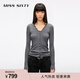 MISS SIXTY2025秋季新款羊毛針織開(kāi)衫女V領(lǐng)蕾絲拼接修身短款上衣 花灰 S