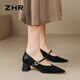ZHR瑪麗珍女鞋尖頭絨面單鞋女淺口粗跟一字帶鞋子女 BL379 黑色  37 